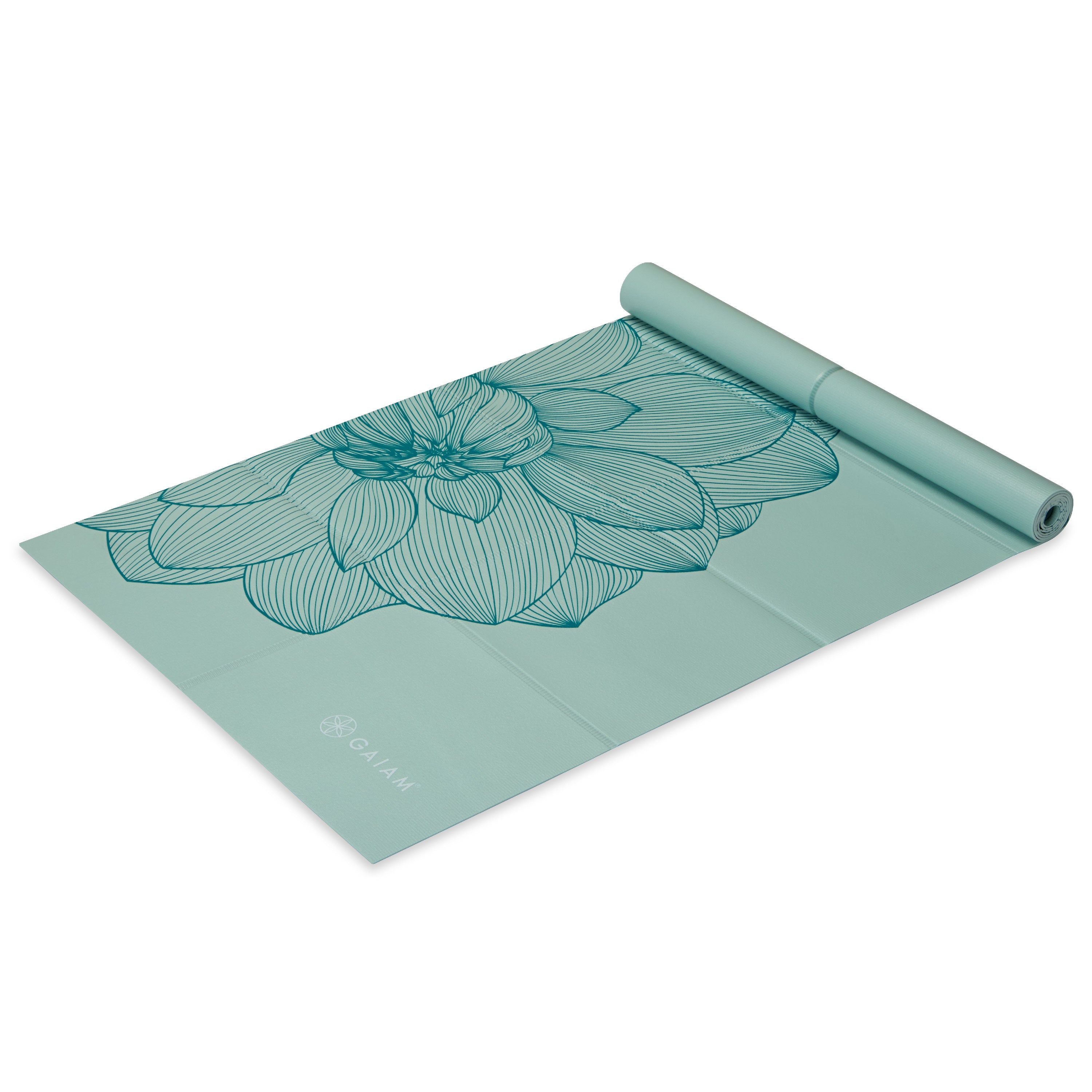 Gaiam Foldable Yoga Mat Serene Dahlias top rolled angle